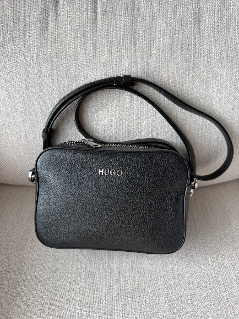 HUGO Black Pebbled Leather Camera Crossbody